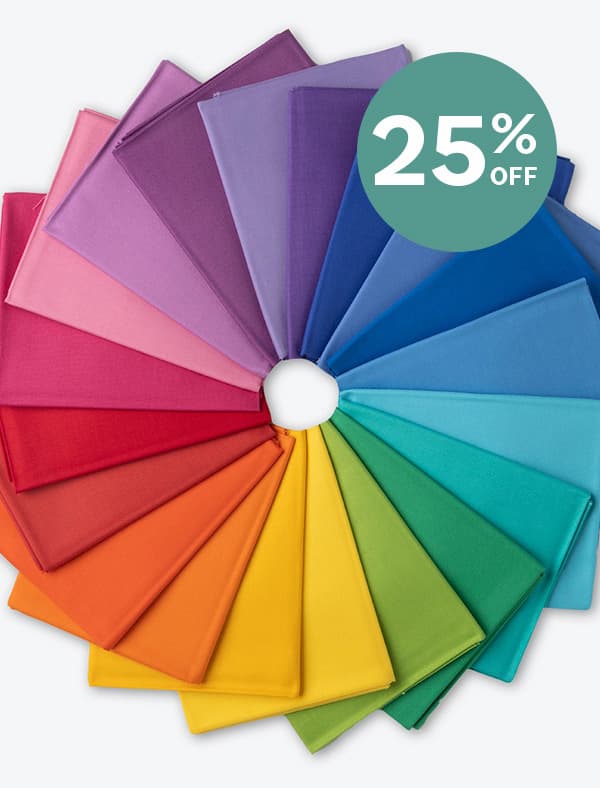 25% Off. A colorful collection of fabric swatches.