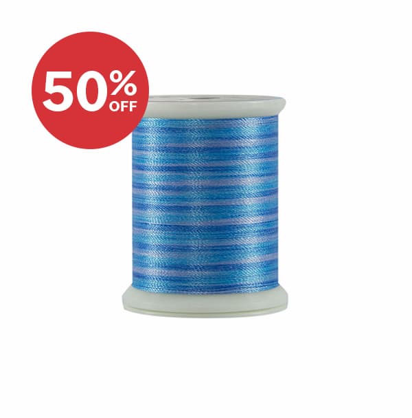 Image: A spool of variegated blue thread. Text: 50% off >>