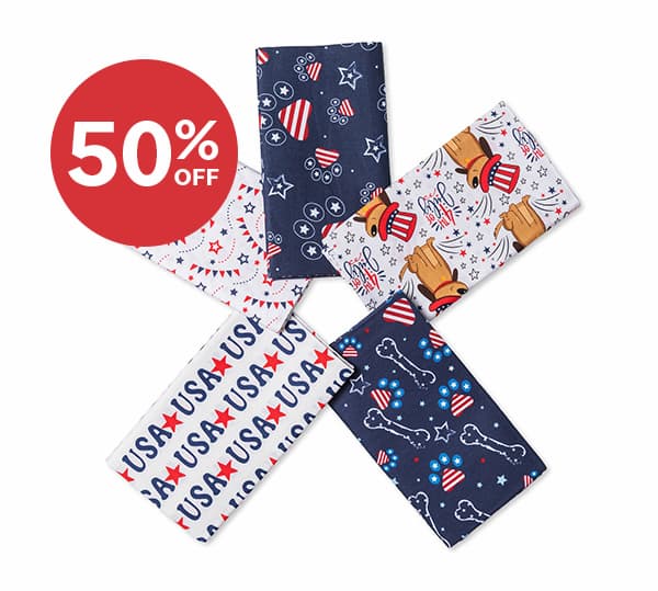 Image: A 5-piece fat quarter sampler in patriotic and dog prints. Text: 50% Off >>
