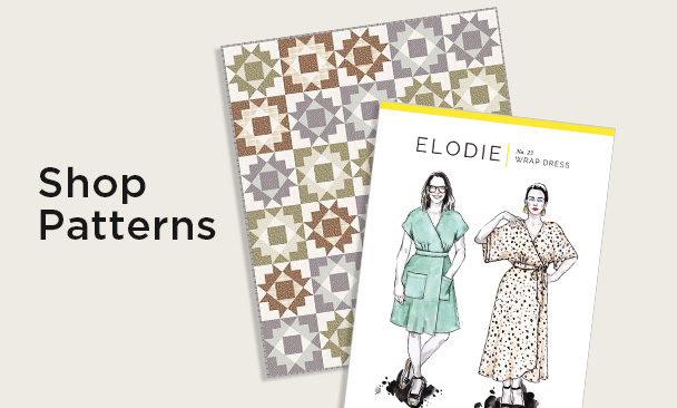 Text: Shop Patterns: quilt patterns on a neutral marble background