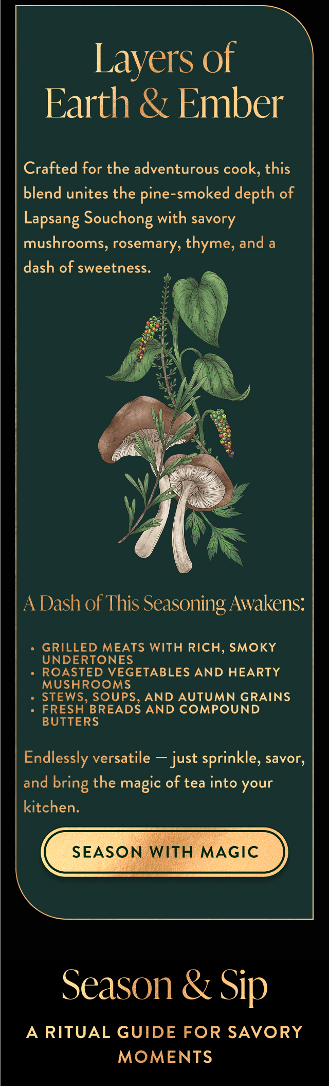 Crafted for the adventurous cook, this blend unites the pine-smoked depth of Lapsang Souchong with savory mushrooms, rosemary, thyme, and a dash of sweetness. A Dash of this Seasoning Awakens: Grilled meats with rich, smoky undertones Roasted vegetables and hearty mushrooms Stews, soups, and autumn grains Fresh breads and compound butters Endlessly versatile — just sprinkle, savor, and bring the magic of tea into your kitchen.