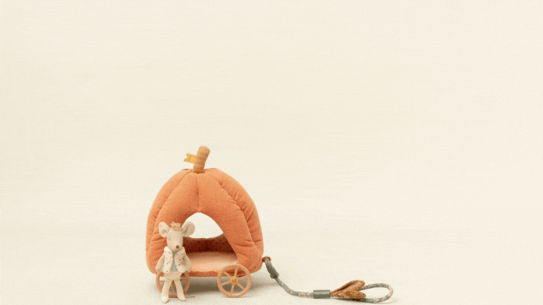 Maileg Mouse riding in Pumpkin Carriage.