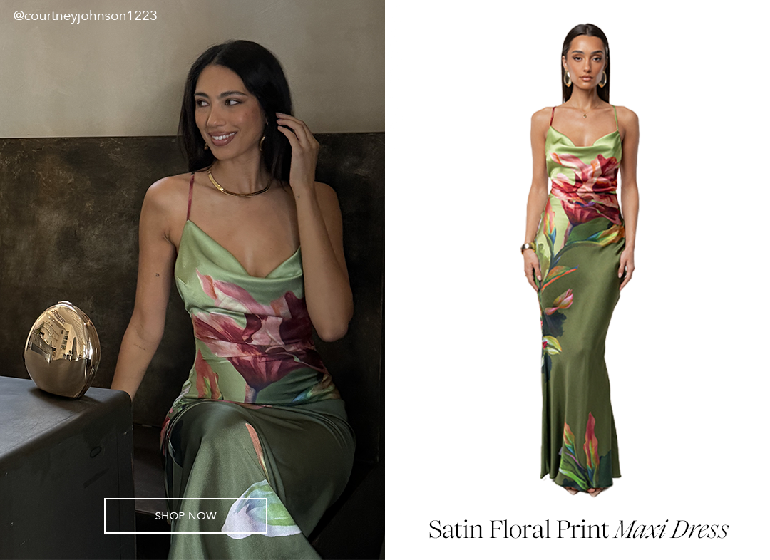 Green Satin Floral Print Maxi Dress