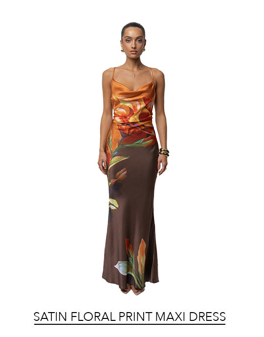 Brown Satin Floral Print Maxi Dress