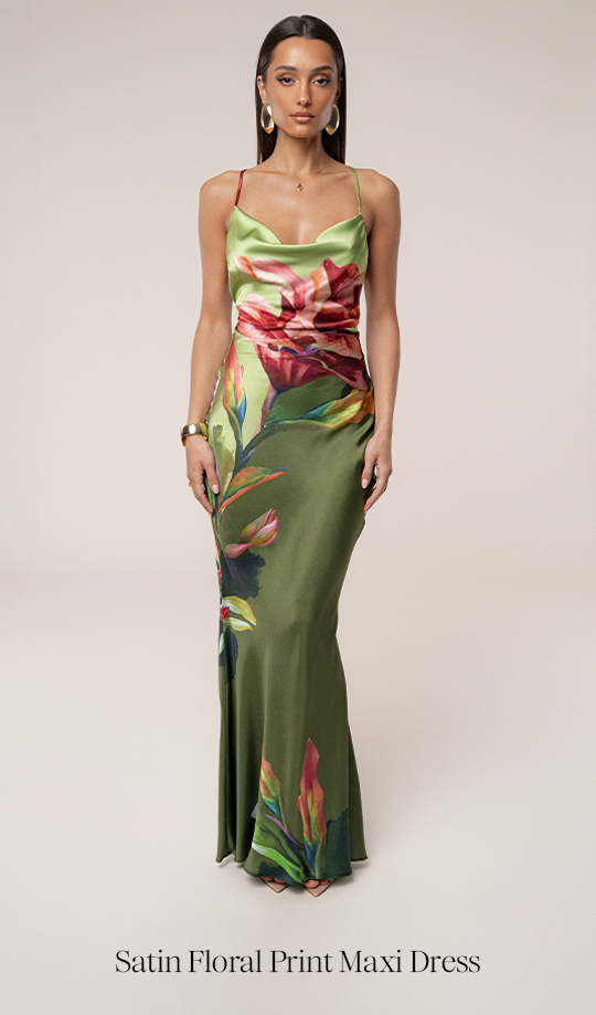 Green Satin Floral Print Maxi Dress