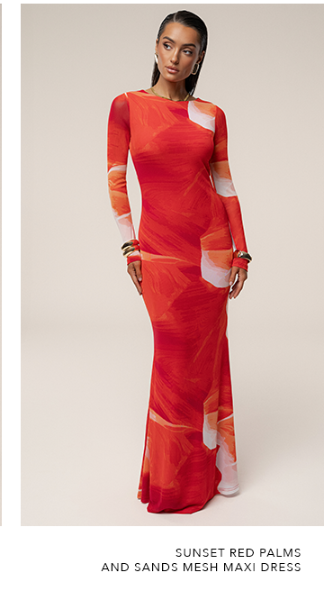 Sunset Red Palms And Sands Mesh Maxi Dress