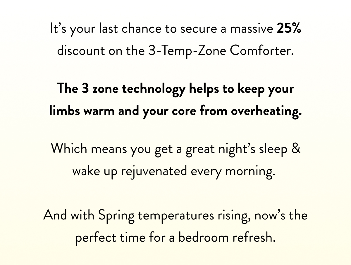 It's your last chance to secure a massive 25% discount on the 3-Temp-Zone Comforter. 