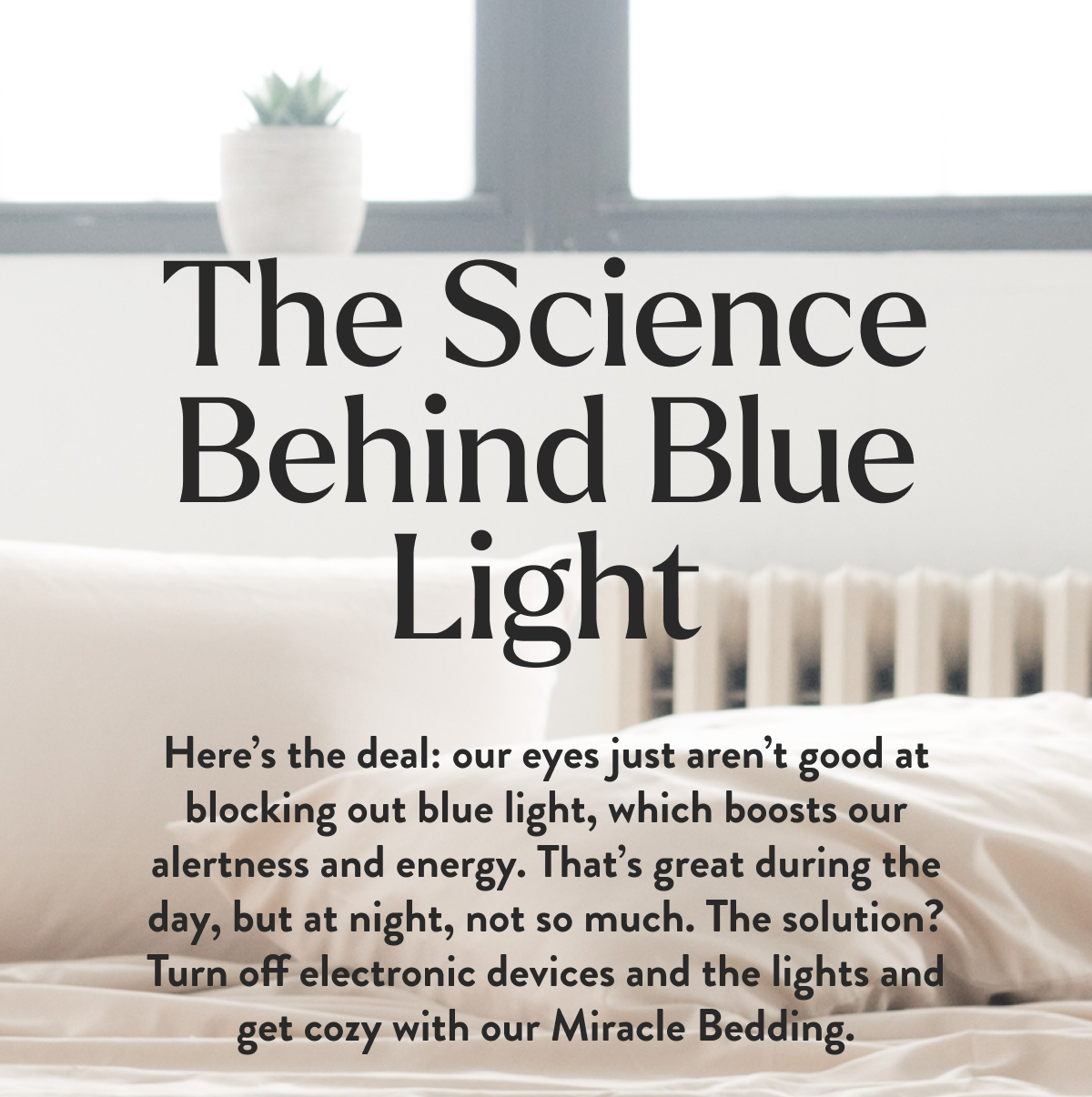 The Science Behind Blue Light | Here's the deal: our eyes just aren't good at blocking out blue light, which boosts our alertness and energy. That's great during the day, but at night, not so much. The solution? Turn off electronic devices and the lights and get cozy with our Miracle Bedding.