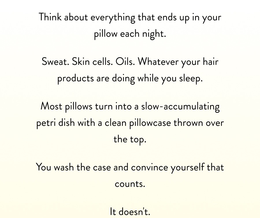 Think about everything that ends up in your pillow each night.   Sweat. Skin cells. Oils. Whatever your hair products are doing while you sleep.  Most pillows turn into a slow-accumulating petri dish with a clean pillowcase thrown over the top.   You wash the case and convince yourself that counts.  It doesn't.