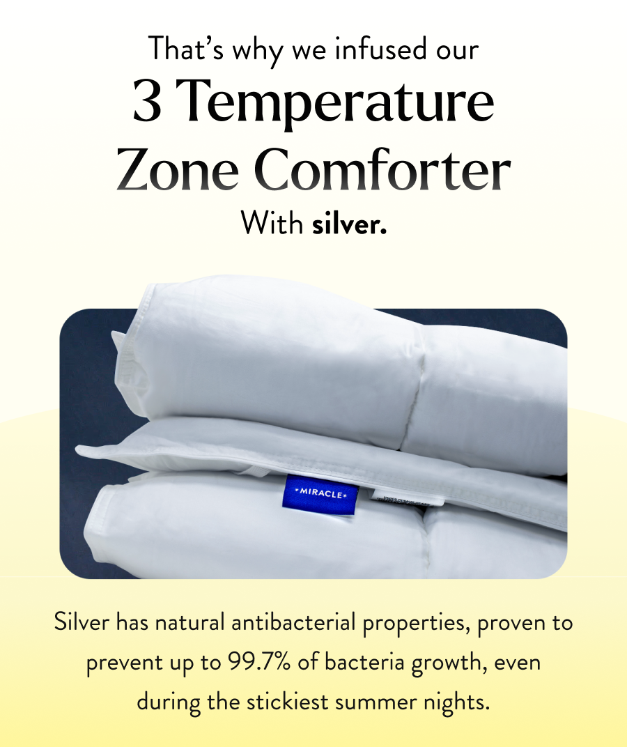 That's why we infused our 3 temperature zone comforter With silver.  Silver has natural antibacterial properties, proven to prevent up to 99.7% of bacteria growth, even during the stickiest summer nights.