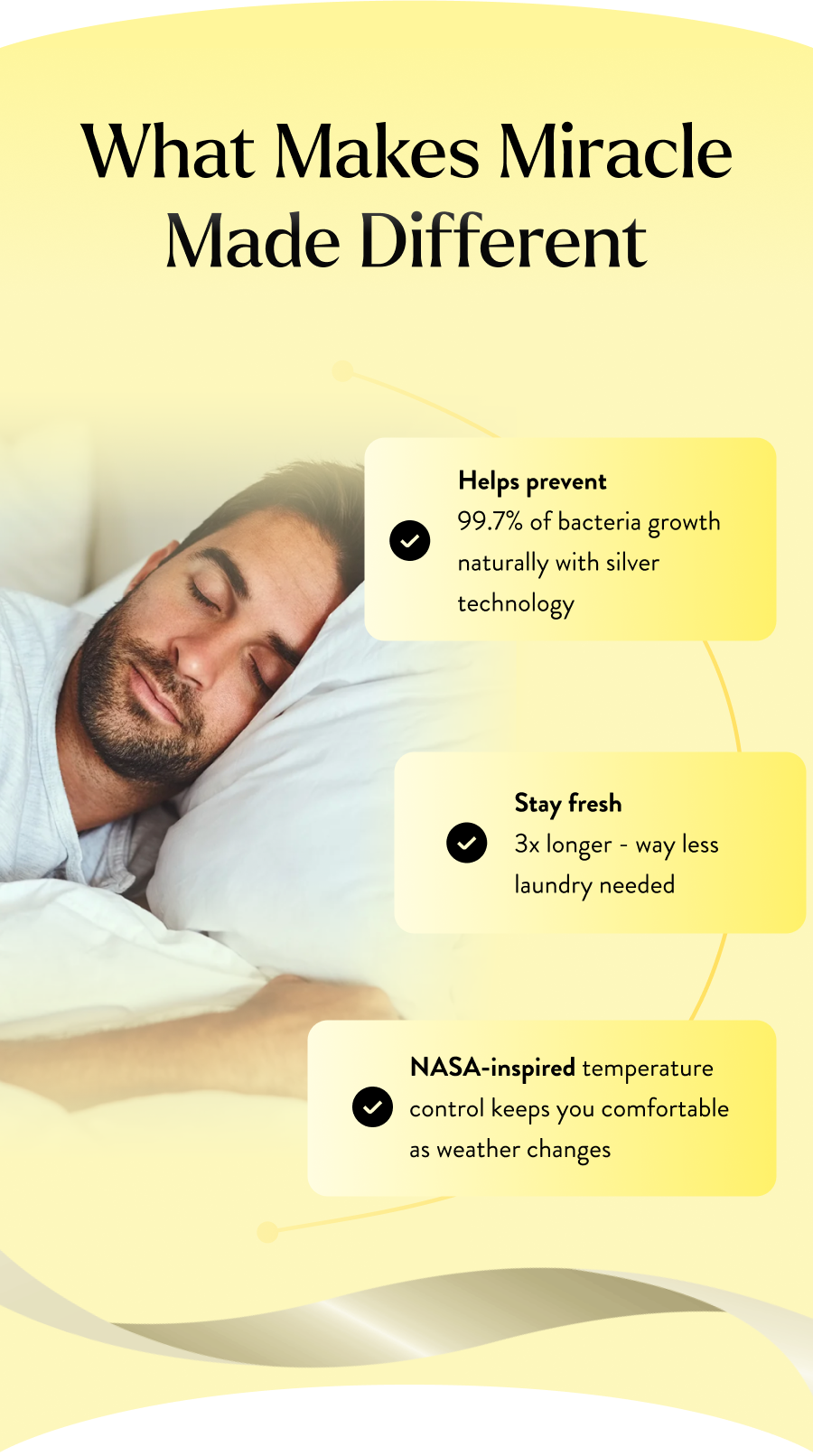 What Makes Miracle Made Different  🦠 Helps prevent 99.7% of bacteria growth naturally with silver technology  🧺 Stay fresh 3x longer - way less laundry needed  🌡️ NASA-inspired temperature control keeps you comfortable as weather changes
