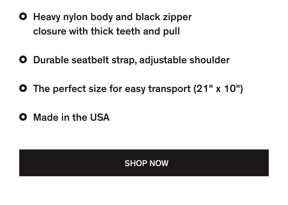 Heavy nylon body and black zipper closure with thick teeth and pull