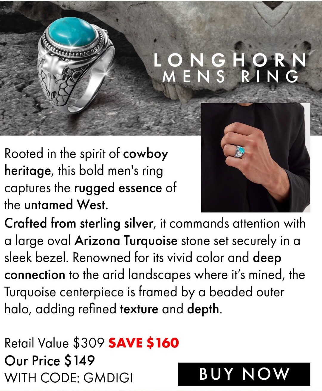 Longhorn Mens Ring - save $30 online with code GMDIGI