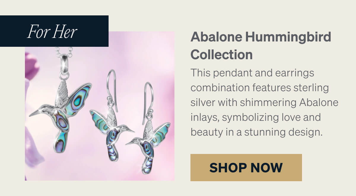 Abalone Hummingbird Collection  This pendant and earrings combination features sterling silver with shimmering Abalone inlays, symbolizing love and beauty in a stunning design.