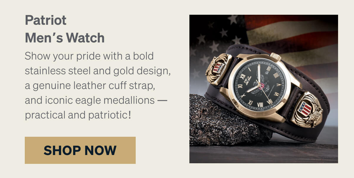 Patriot Men's Watch  Show your pride with a bold stainless steel and gold design, a genuine leather cuff strap, and iconic eagle medallions — practical and patriotic!