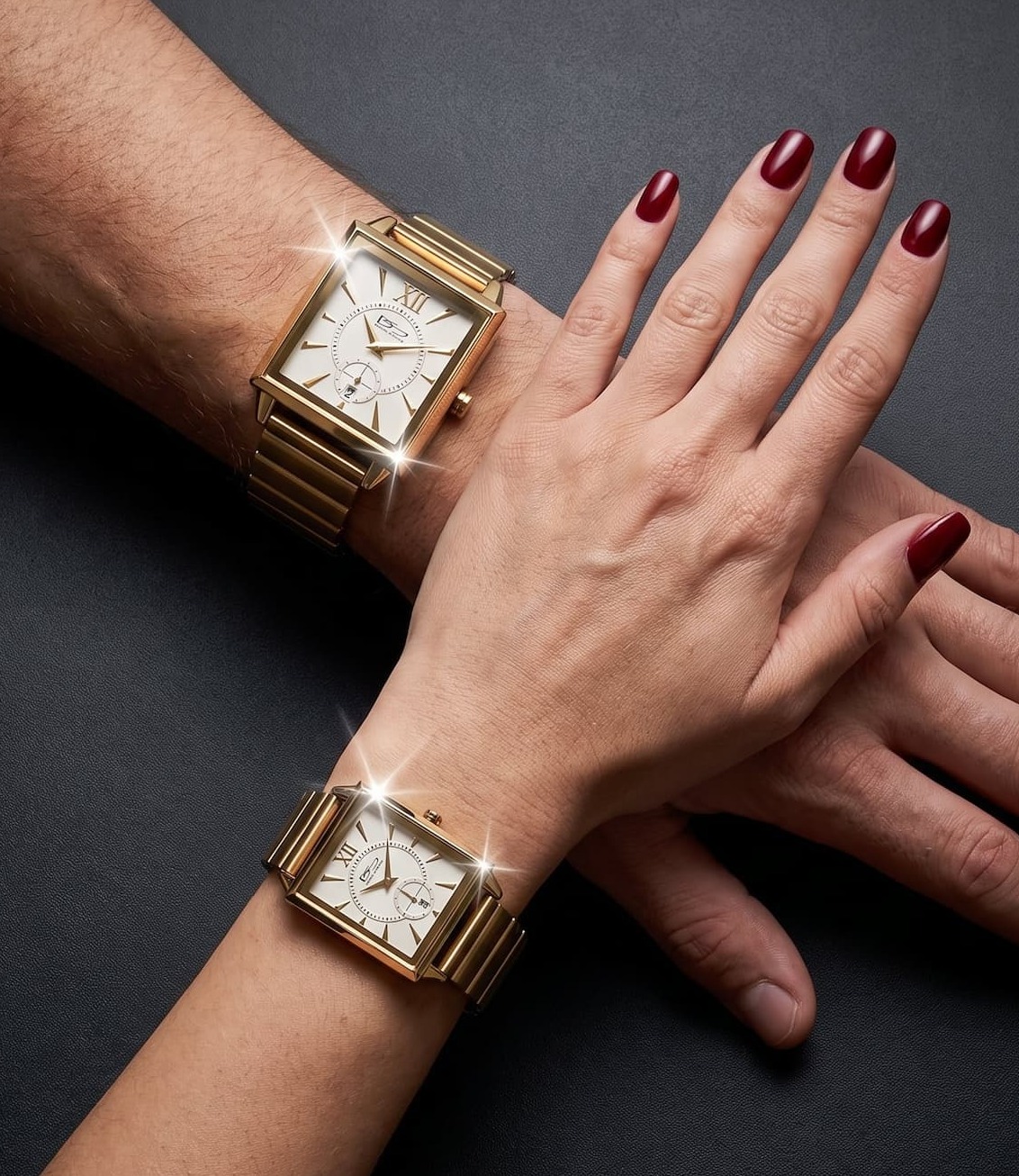 Quadro Gold Watches Together On Wrists