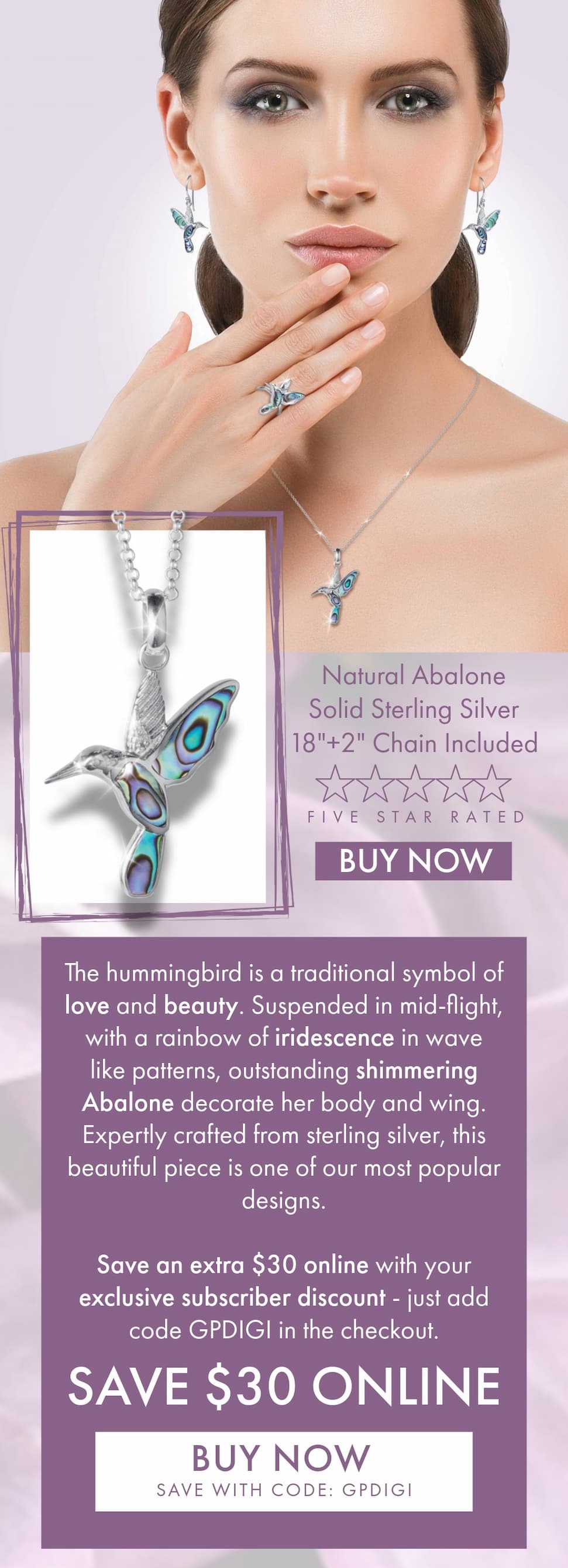 Abalone Hummingbird Pendant - Save $30 online with promo code GHDIGI