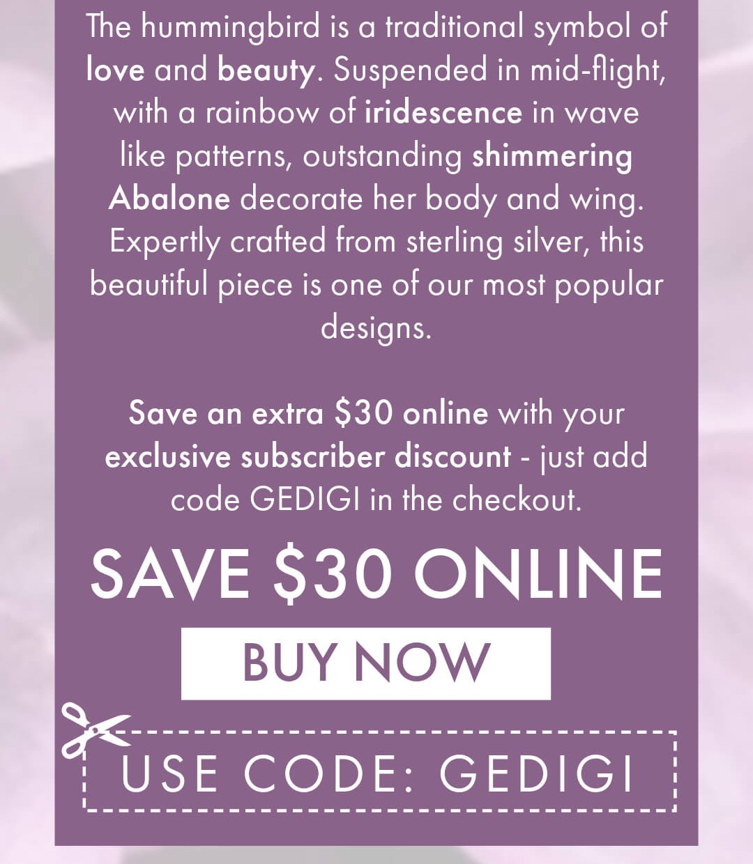 Abalone Hummingbird Pendant - Save $30 online with promo code GEDIGI