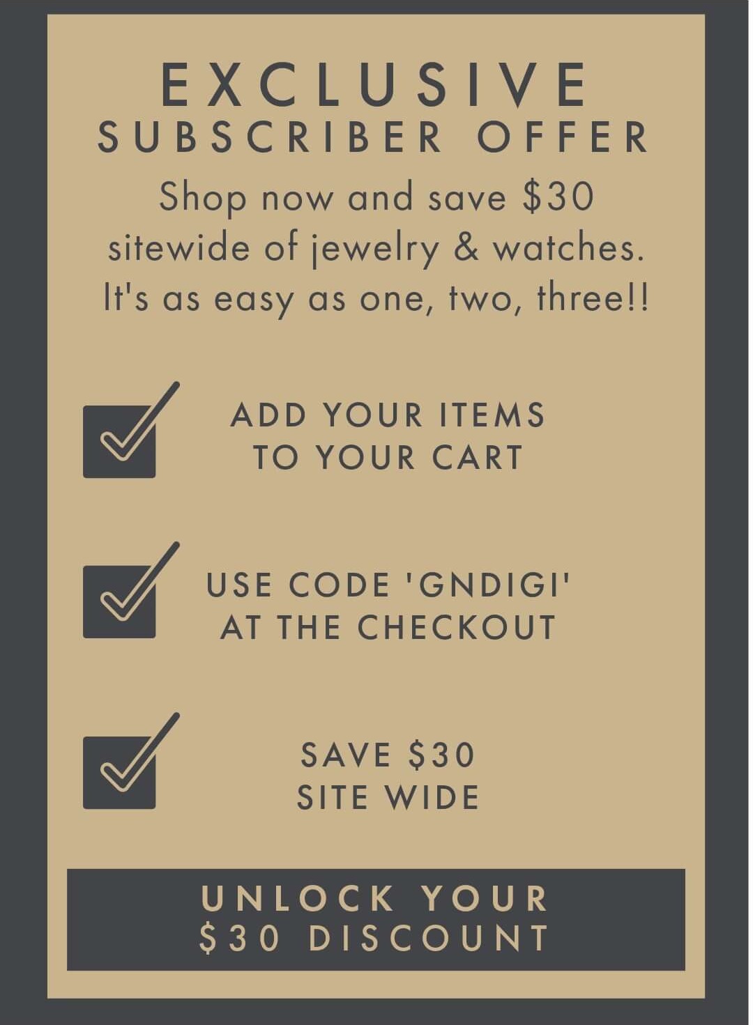 Unlock Your Saving- save $30 with code GLDIGI