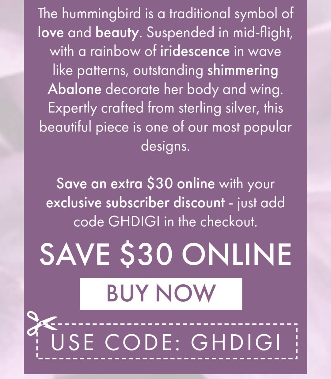 Abalone Hummingbird Pendant - Save $30 online with promo code GHDIGI