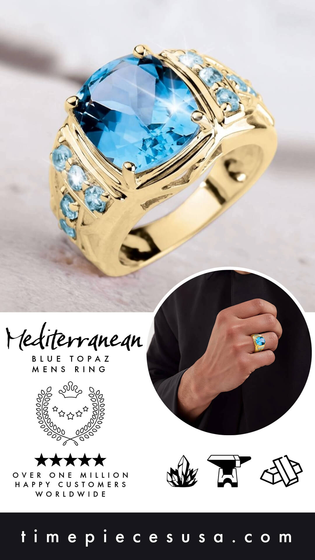 Five Star Rated - Mediterranean Blue Topaz Men's Ring