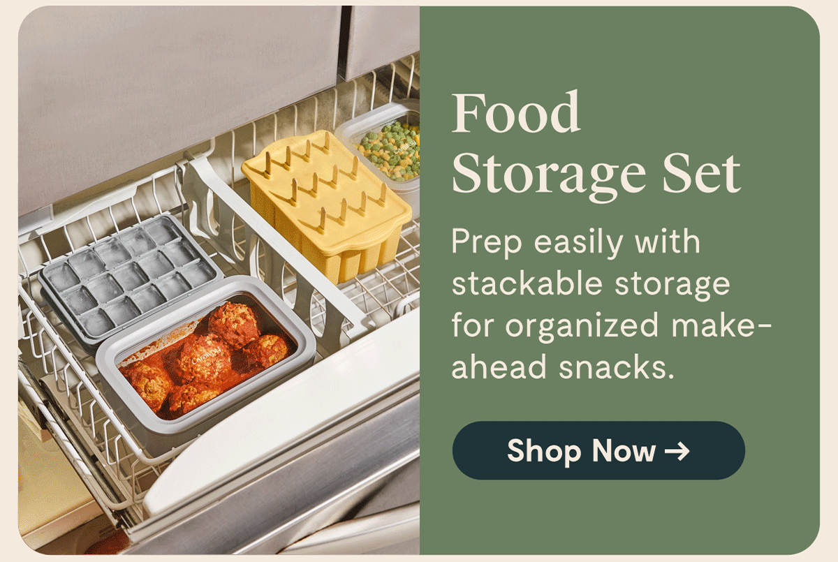 Food Storage Set Prep easily with stackable storage for organized make-ahead snacks.  [Shop Now →]