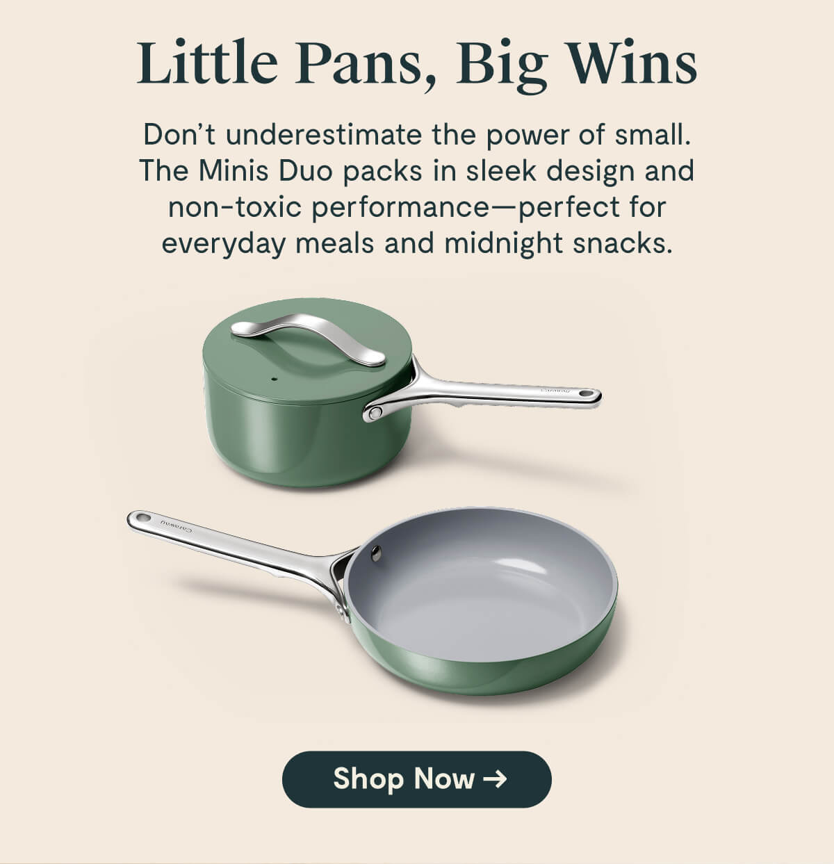 Little Pans, Big Wins  Don't underestimate the power of small. The Minis Duo packs in sleek design and non-toxic performance—perfect for everyday meals and midnight snacks.  [Shop Now →]