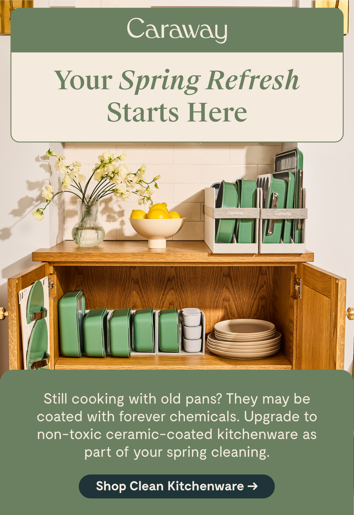 Caraway Your Spring Refresh Starts Here Still cooking with traditional non-stick pans? They may contain PFAS. Give your kitchen a seasonal reset with non-stick ceramic-coated kitchenware. [[Shop Clean Kitchenware →]]