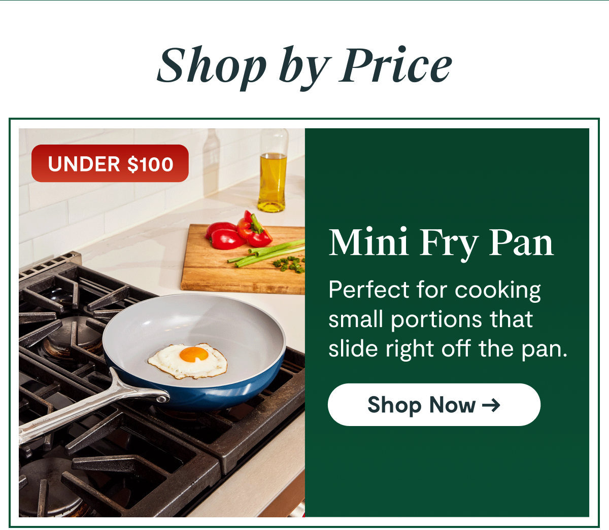 Shop by Price | UNDER $100 | Mini Fry Pan | Perfect for cooking small portions that slide right off the pan. [Shop Now →]