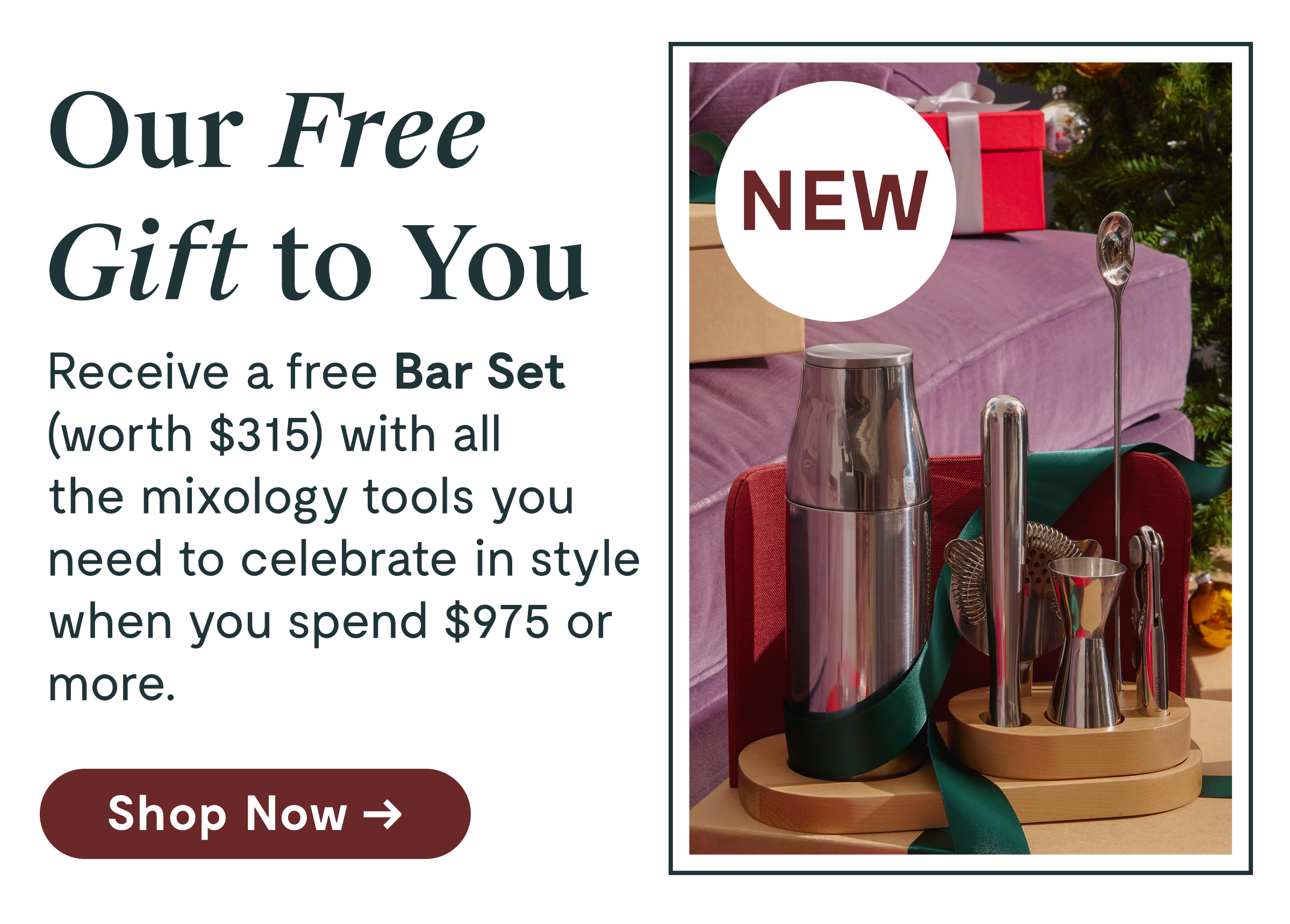 Our Free Gift to You Receive a free Bar Set (worth $245) with all the mixology tools you need to celebrate in style when you spend $975 or more.  [Shop Now →]
