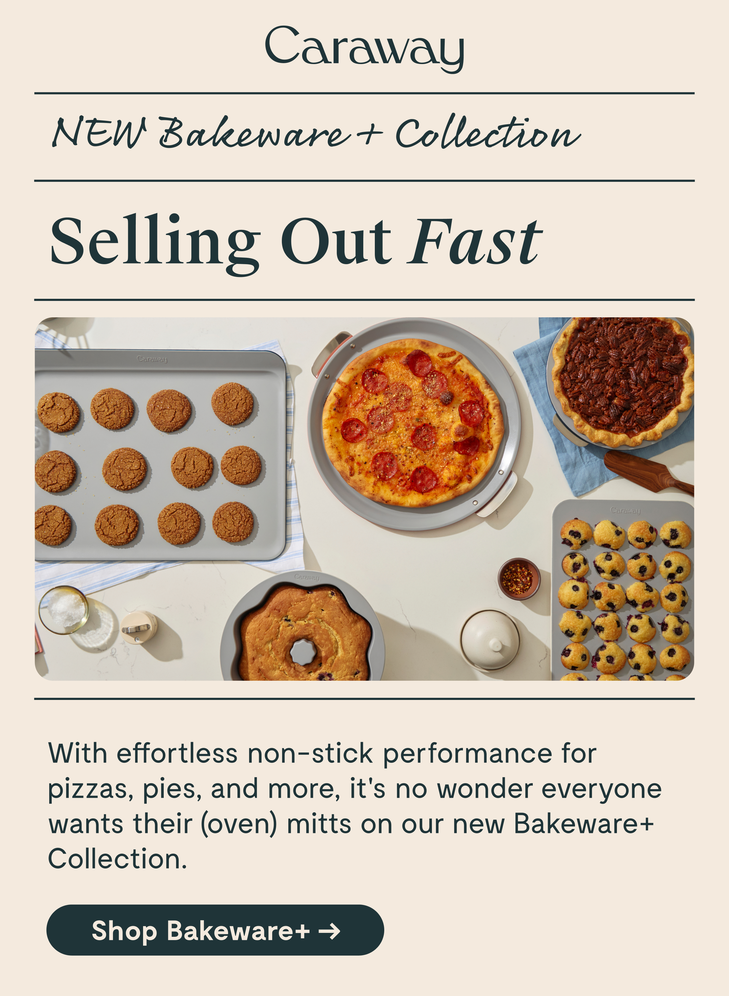 Caraway NEW Bakeware + Collection Selling Out Fast With effortless non-stick performance for pizzas, pies, and more, it's no wonder everyone wants their (oven) mitts on our new Bakeware+ Collection. Hurry, shop our latest drop and qualify for a free gift! [[Shop Bakeware+ →]]