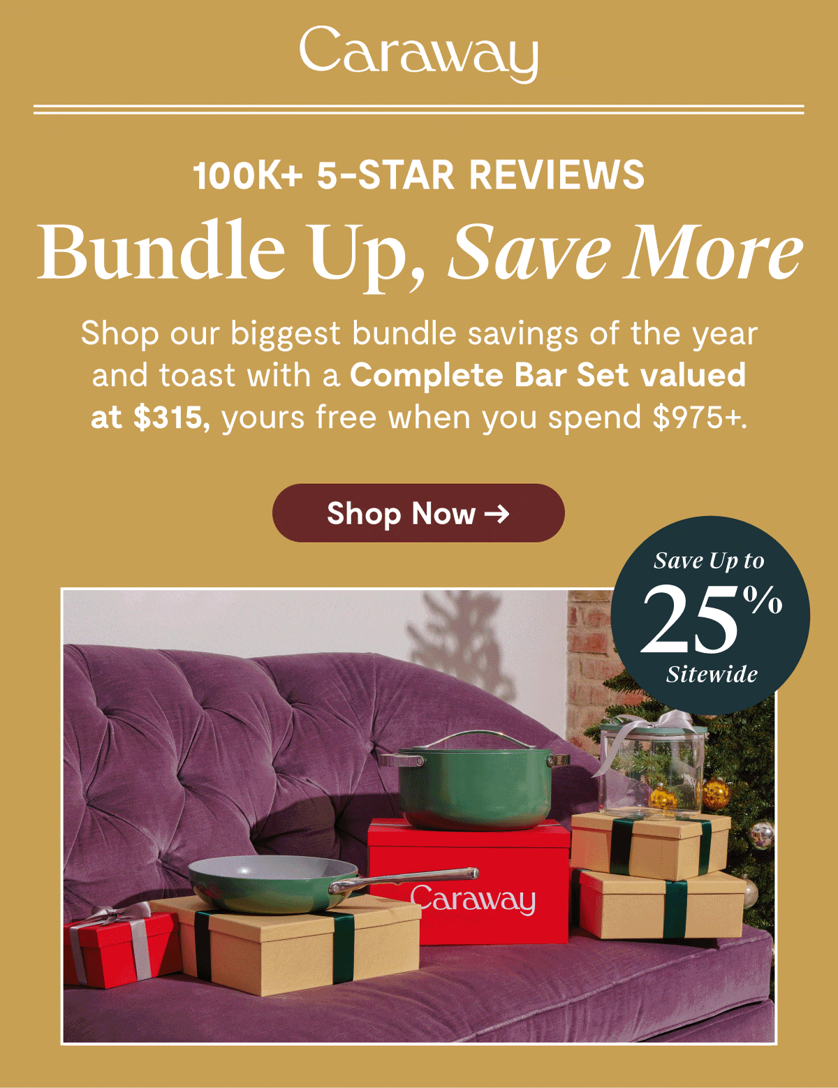 Caraway 100K+ 5-STAR REVIEWS Bundle Up, Save More  Shop our biggest bundle savings of the year and toast with a Complete Bar Set worth $245, yours free when you spend $975+.  [Shop Now →]  Save Up to 25% Off Sitewide