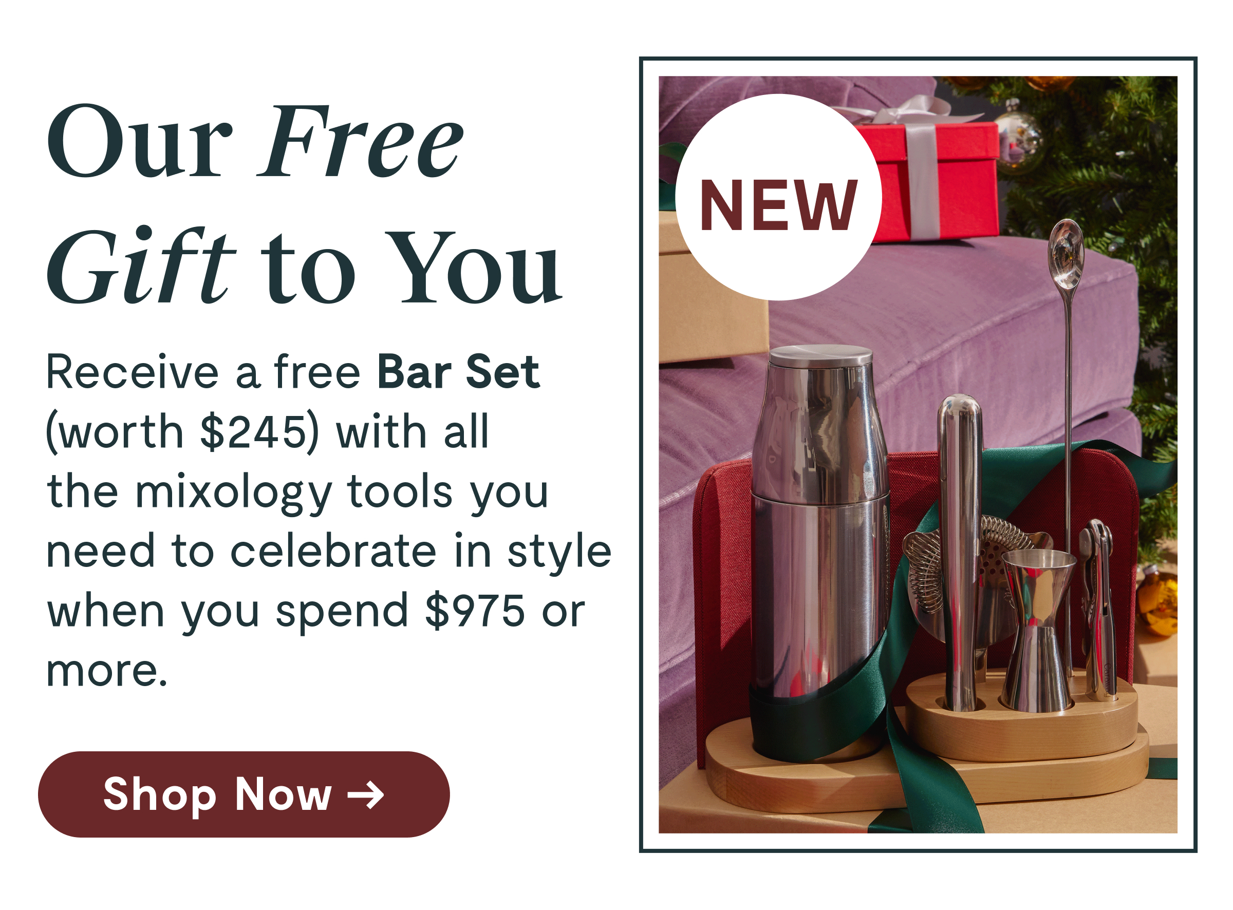 Our Free Gift to You Receive a free Bar Set (worth $245) with all the mixology tools you need to celebrate in style when you spend $975 or more.  [Shop Now →]