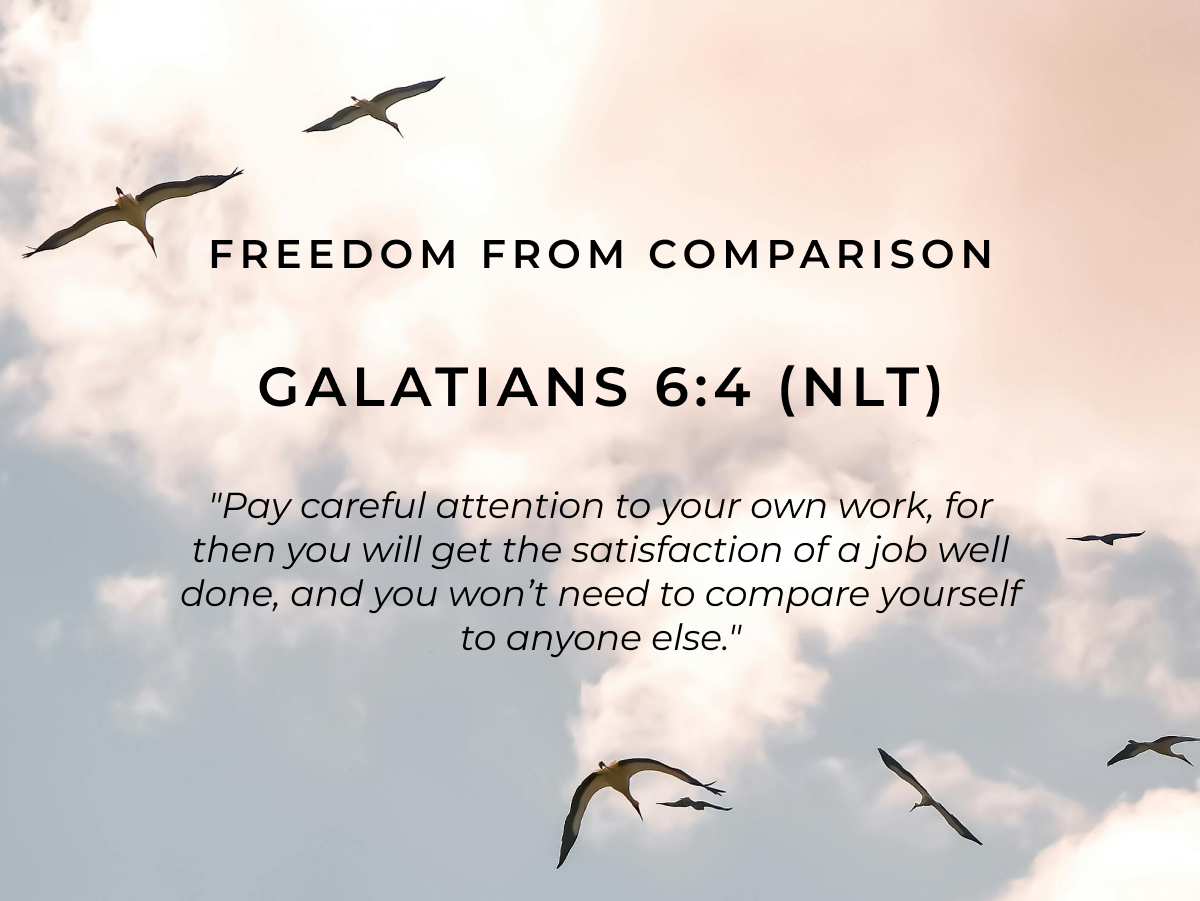 Freedom from Comparison Galatians 6:4 (NLT) "Pay careful attention to your own work, for then you will get the satisfaction of a job well done, and you won't need to compare yourself to anyone else."