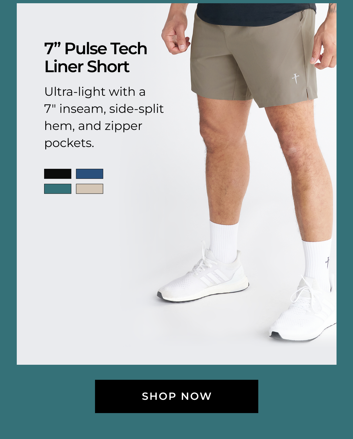 7" Pulse Tech Liner Short: Ultra-light with a 7" inseam, side-split hem, and zipper pockets. Black, Midnight Navy, Sand, Teal SHOP NOW