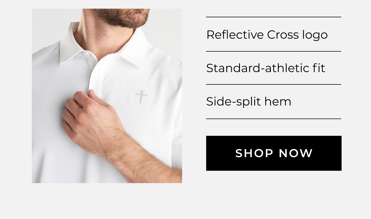 Reflective Cross logo. Standard-athletic fit. Side-split hem. SHOP NOW
