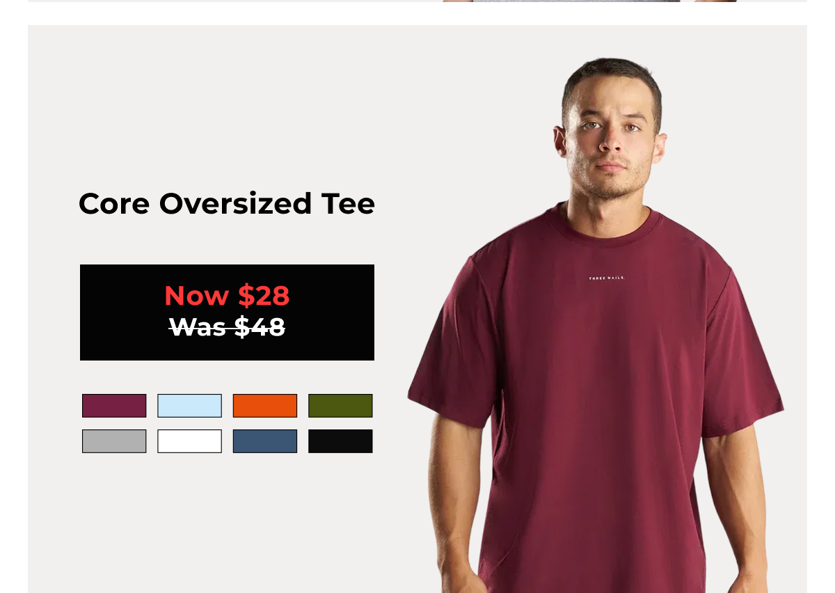 Core Oversized Tee  Now $28 Was $48   Merlot   Sky Blue   Desert Sun   Red Rock   Dark Pine   White   Midnight Navy   Black   Space Grey