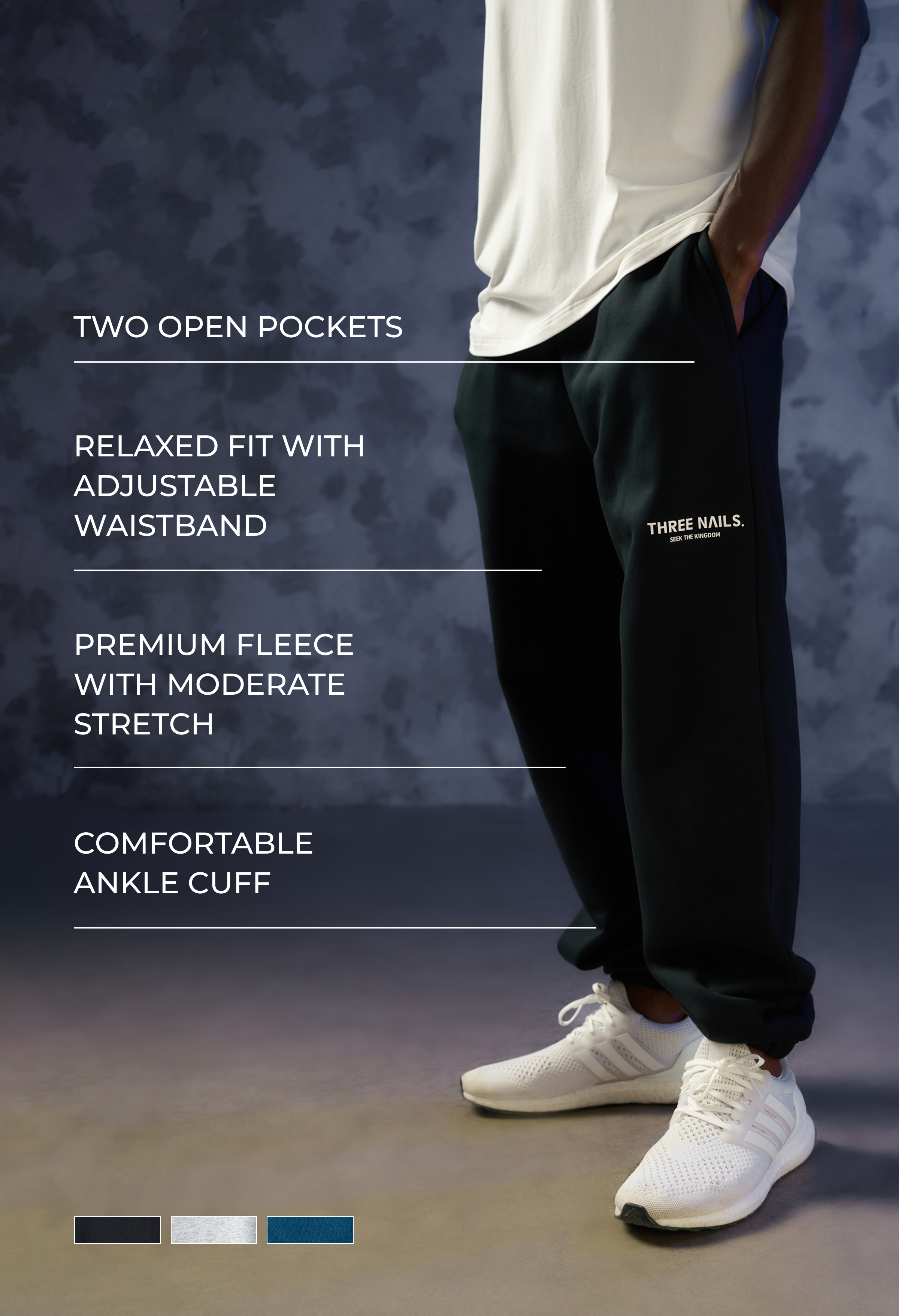 Signature Fleece Sweatpants  Black, Heather Grey, Midnight Navy. Two open pockets. Relaxed fit with adjustable waistband. Premium fleece with moderate stretch. Comfortable ankle cuff