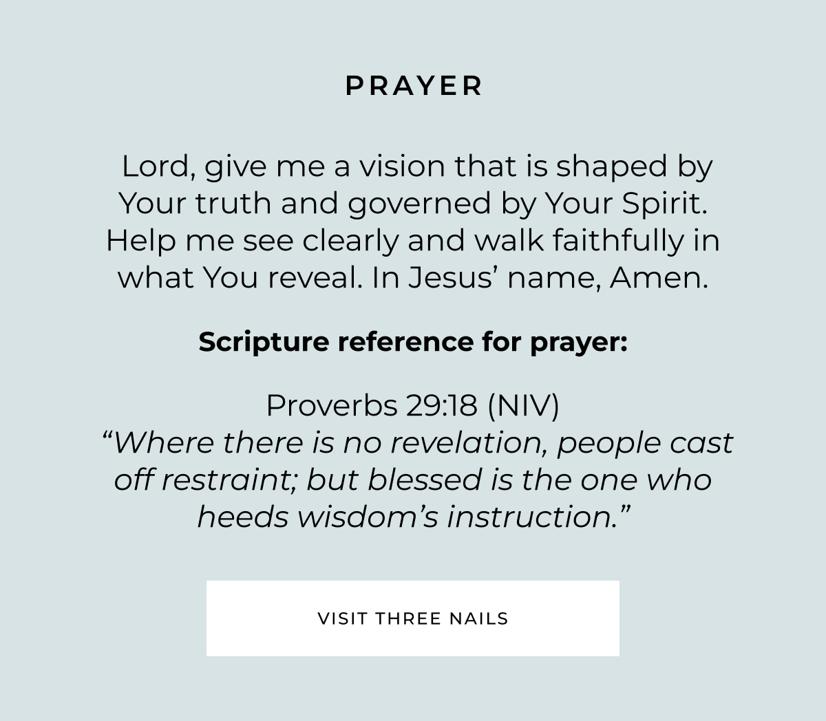 Prayer:  Lord, give me a vision that is shaped by Your truth and governed by Your Spirit. Help me see clearly and walk faithfully in what You reveal. In Jesus' name, Amen. Scripture for Prayer (NIV): Proverbs 29:18  