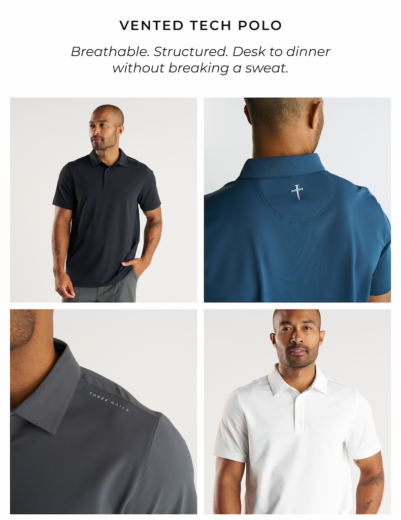Vented tech polo. Breathable. Structured. Desk to dinner without breaking a sweat.