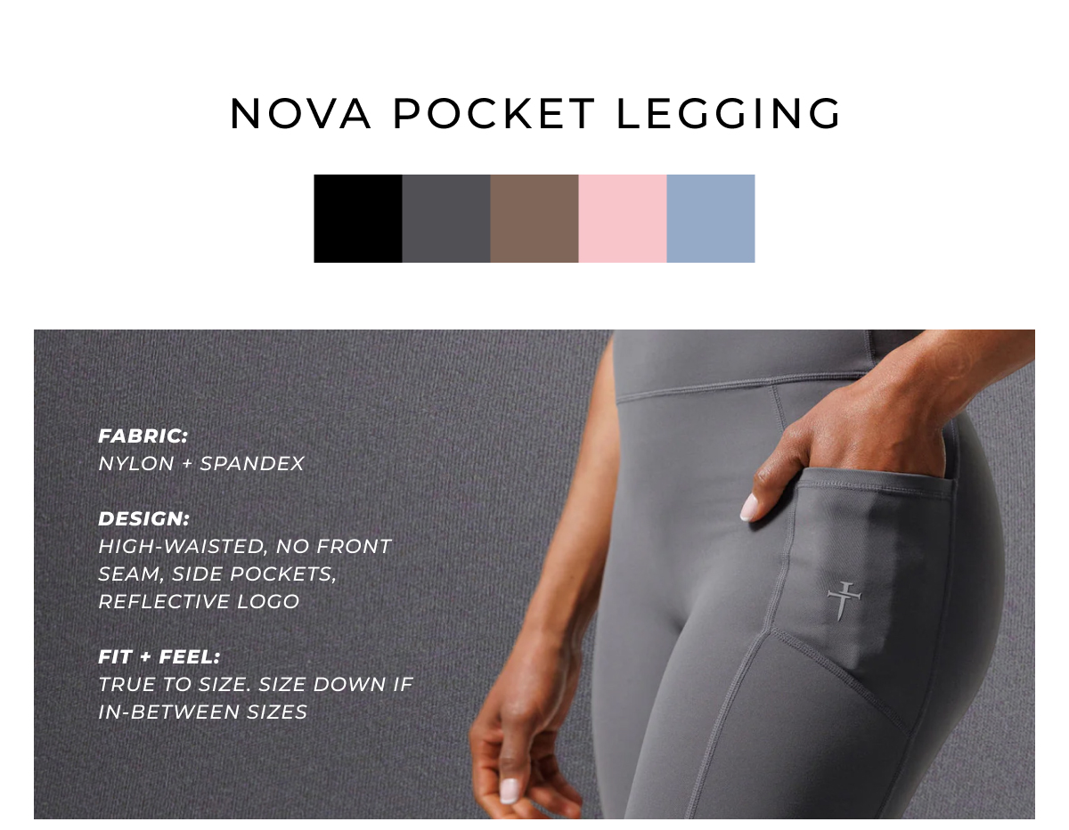 fabric: nylon + spandex. design: high-wasited, no front seam, side pockets, reflective logo. fit + feel: true to size, size down if in-between sizes