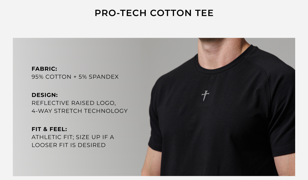 pro tech cotton tee. 95% cotton + 5% spandex. reflective raised logo 4 way stretch technology. athletic fit, size up if a looser fit is desired