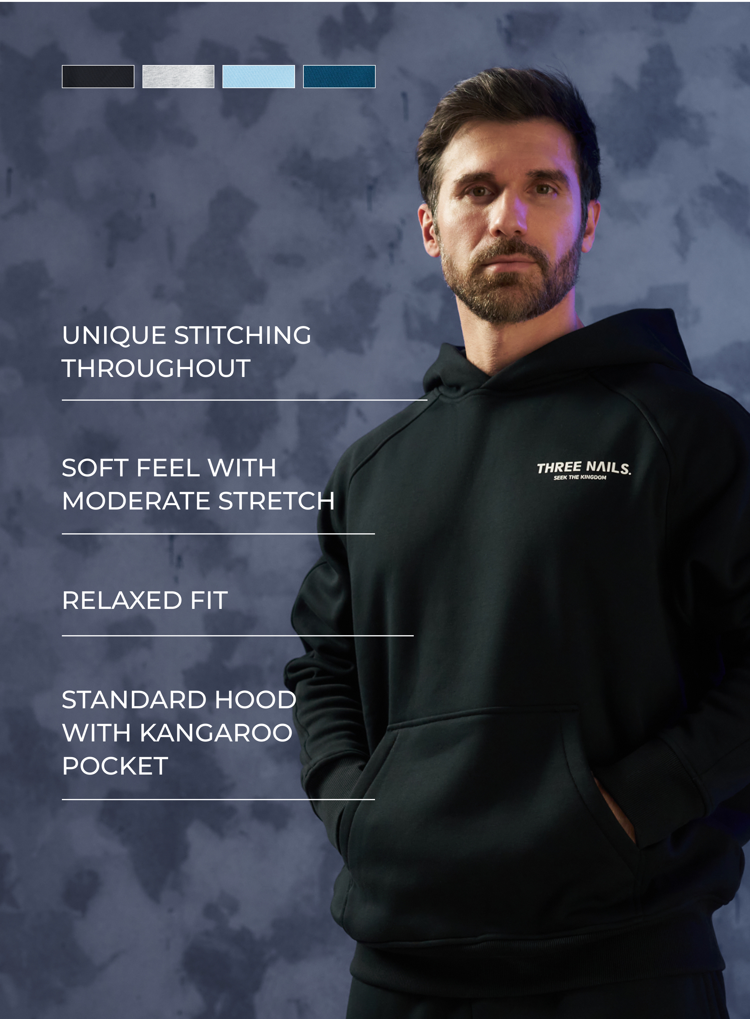 Signature Fleece Hoodie    Black, Heather Grey, Midnight Navy, Sky Blue Unique stitching throughout. Soft feel with moderate stretch. Relaxed fit. Standard hood with kangaroo pocket.