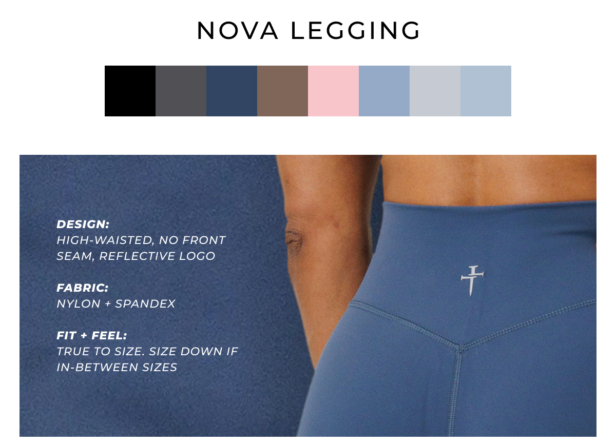 fabric: nylon + spandex. design: high-wasited, no front seam, reflective logo. fit + feel: true to size, size down if in-between sizes