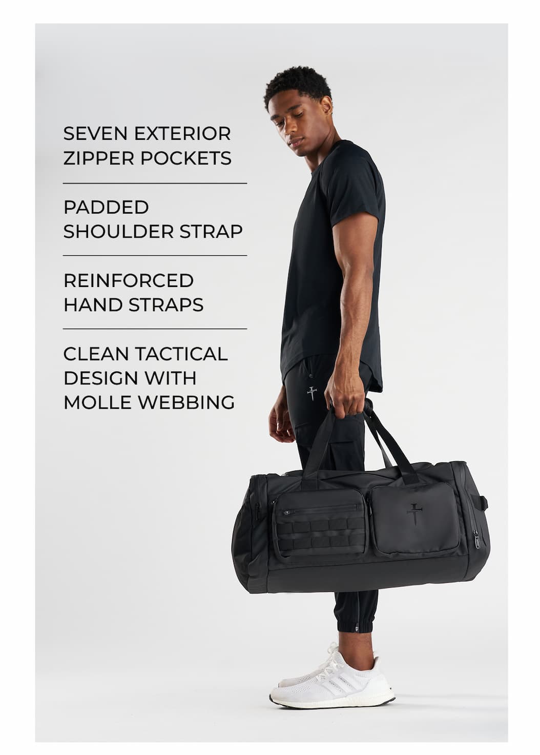 SEVEN EXTERIOR ZIPPER POCKETS PADDED SHOULDER STRAP REINFORCED HAND STRAPS CLEAN TACTICAL DESIGN WITH MOLLE WEBBING