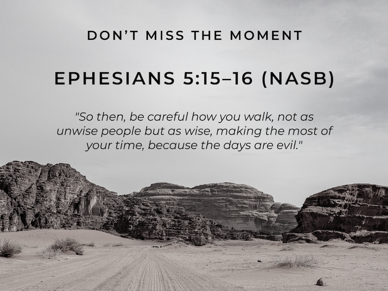 Don't Miss the Moment  Ephesians 5:15-16 (NASB) "So then, be careful how you walk, not as unwise people but as wise, making the most of your time, because the days are evil."