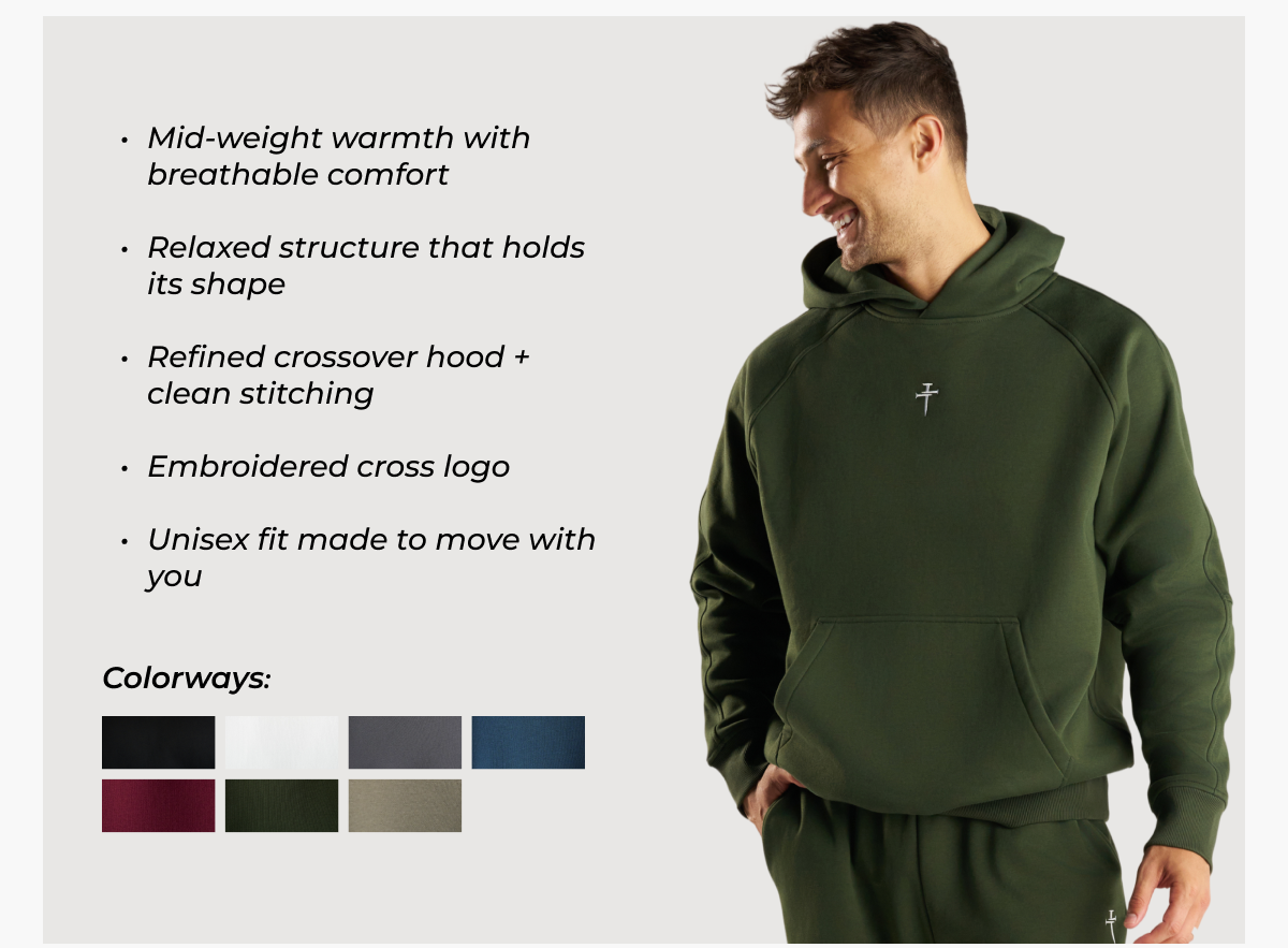 Mid-weight warmth with breathable comfort  Relaxed structure that holds its shape  Refined crossover hood + clean stitching  Embroidered cross logo  Unisex fit made to move with you