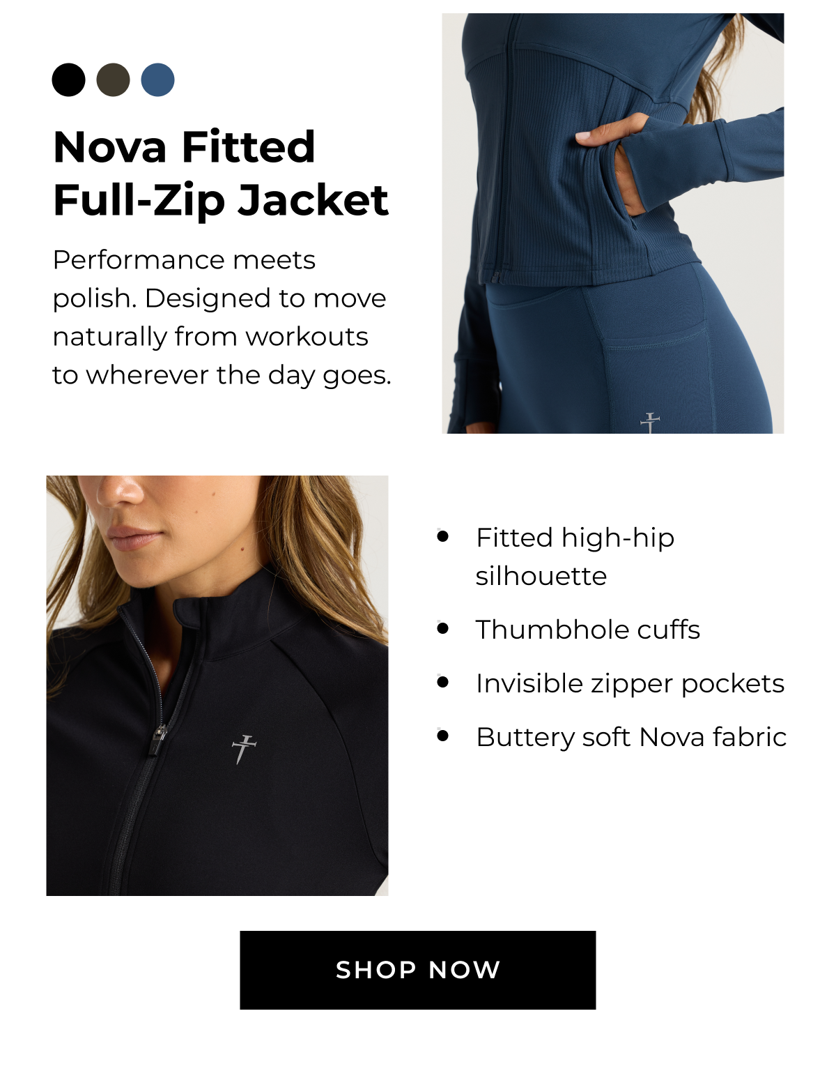 Nova Fitted Full-Zip Jacket Performance meets polish. Designed to move naturally from workouts to wherever the day goes. • Fitted high-hip silhouette • Thumbhole cuffs • Invisible zipper pockets • Buttery soft Nova fabric