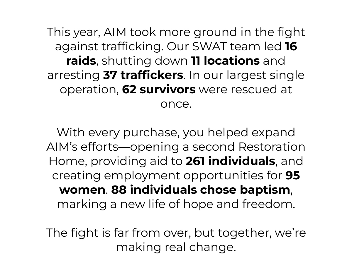 This year, AIM took more ground in the fight against trafficking. Our SWAT team led 16 raids, shutting down 11 locations and arresting 37 traffickers. In our largest single operation, 62 survivors were rescued at once.    With every purchase, you helped expand AIM's efforts-opening a second Restoration Home, providing aid to 261 individuals, and creating employment opportunities for 95 women. 88 individuals chose baptism, marking a new life of hope and freedom.    The fight is far from over, but together, we're making real change.