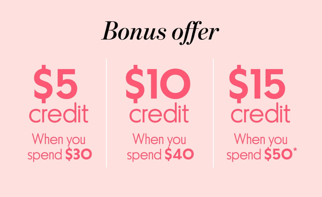 Bonus Offer | $5 Credit when you spend $30 | $10 credit when you spend $40 | $15 credit when you spend $50*